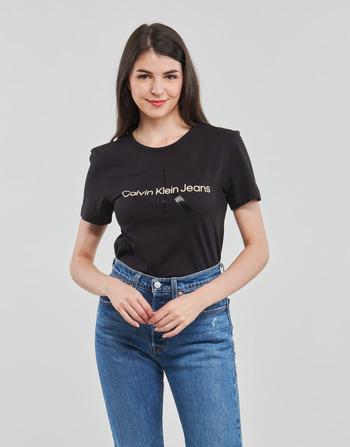Îmbracaminte Femei Tricouri mânecă scurtă Calvin Klein Jeans GLOSSY MONOGRAM SLIM TEE Negru
