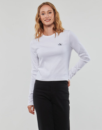 Îmbracaminte Femei Tricouri cu mânecă lungă  Calvin Klein Jeans WOVEN LABEL RIB LONG SLEEVE Alb