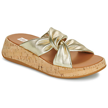 Pantofi Femei Papuci de vară FitFlop F-Mode Leather-Twist Flatform Slides (Cork Wrap) Auriu